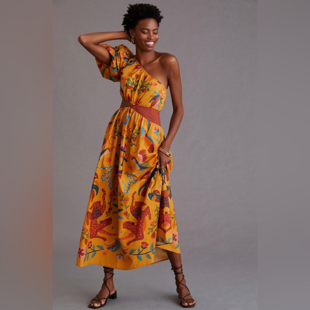 FARM Rio One Shoulder Maxi Dress in Gold Size Small.